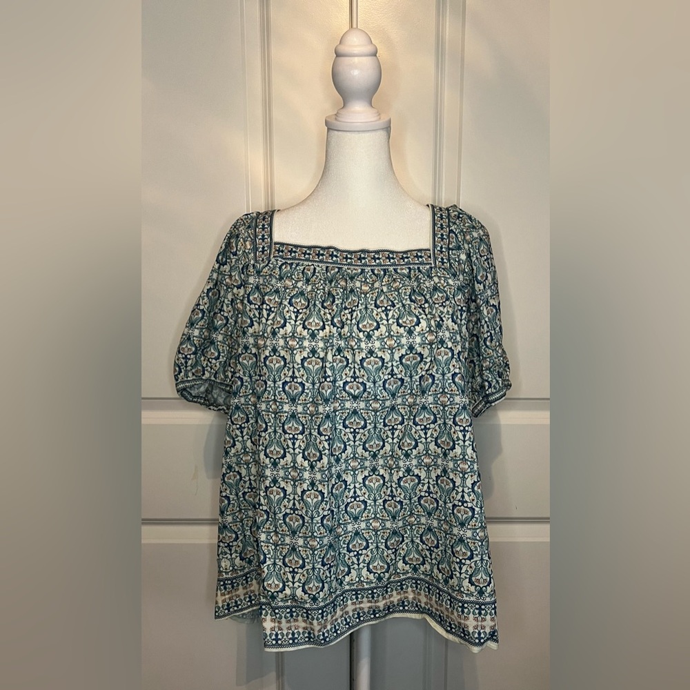 Max Studio Teal and Cream Patterned Blouse